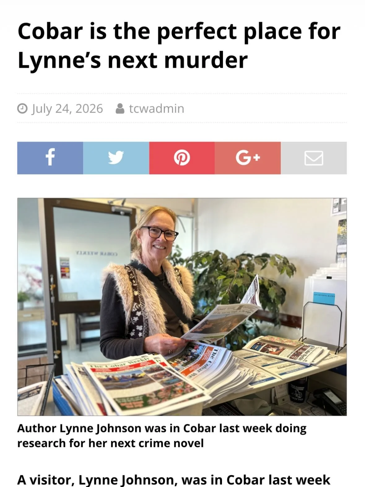 I was in Cobar last week looking for the perfect place for a murder and I ended up being interviewed by Sharon Harland of The Cobar Weekly. Check out her article. Link in bio. Gotta love country towns. 🪾✍️🧡

#thecobarweekly #sharonharland #perfectp