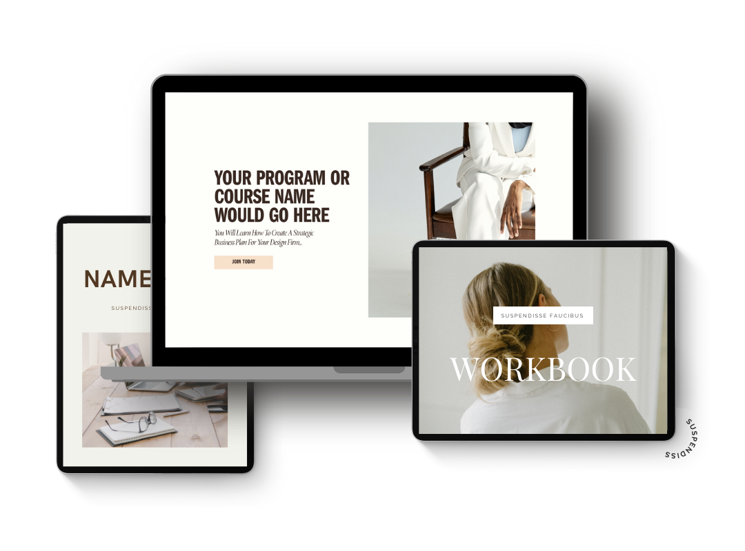 Digital devices displaying various educational or professional templates, including a workbook, course program, and notebook layouts.