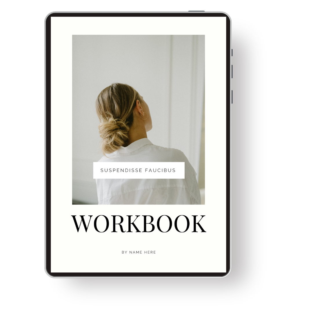 A workbook cover with a photo of a woman with blonde hair in a bun, wearing a white shirt, facing away from the camera, with the text 'Suspendisse Faucibus' and 'WORKBOOK' displayed.