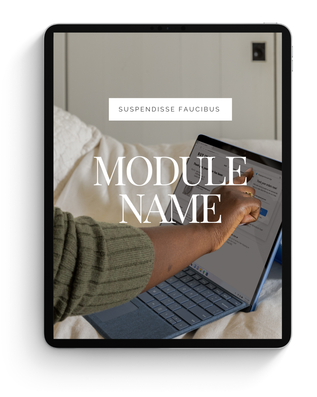 Tablet screen displaying an online order confirmation page being interacted with by a person with dark skin and wearing a green sweater, with a bedroom background in soft focus.