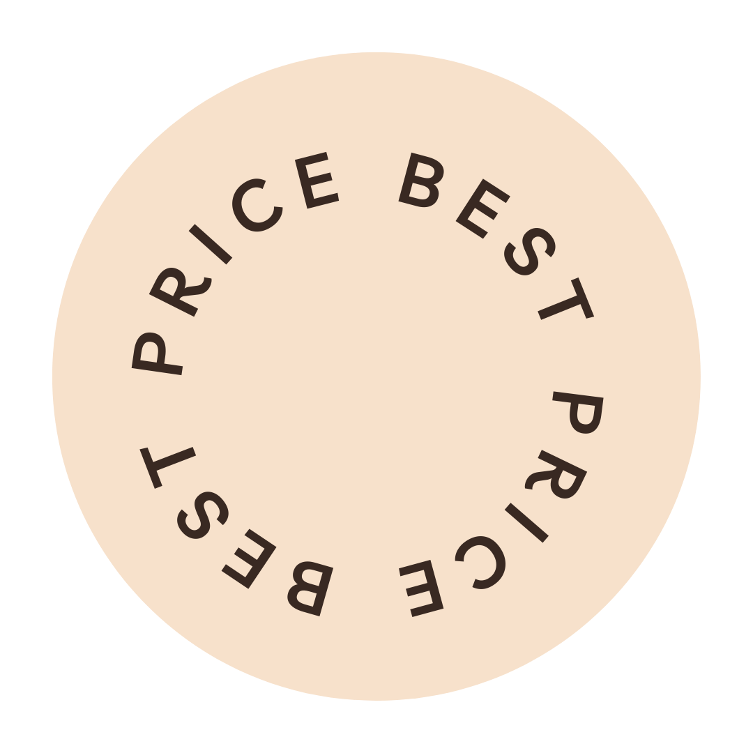 Round beige sticker with the text "PRICING BE START PRICELY" in dark brown capital letters arranged in a circle.