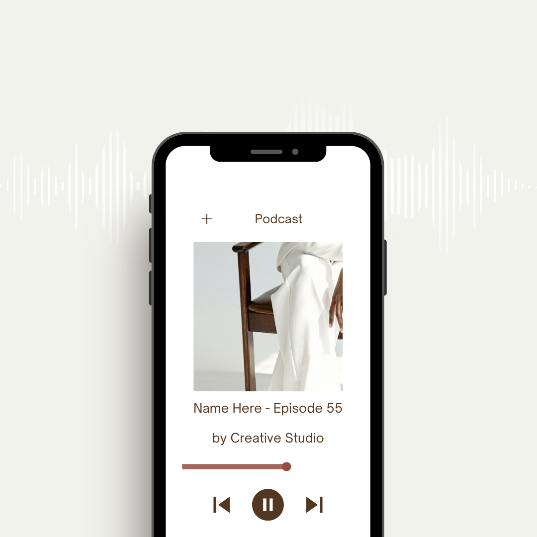Smartphone screen displaying a podcast app with a photo of a person sitting on a wooden chair, wearing white clothing, and labeled 'Name Here - Episode 55 by Creative Studio'.