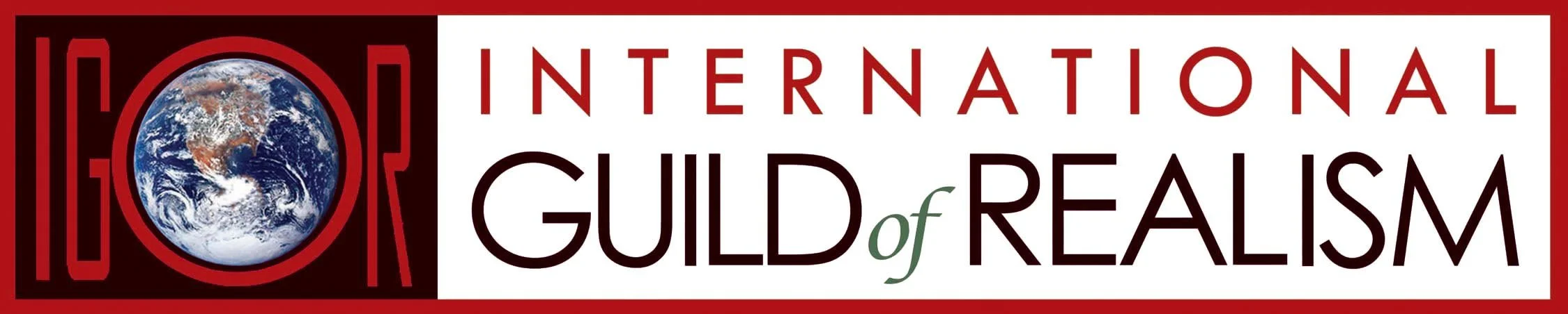 Logo for the International Guild of Realism featuring a circular image of Earth with prominent continents and cloud formations, surrounded by red graphical text.