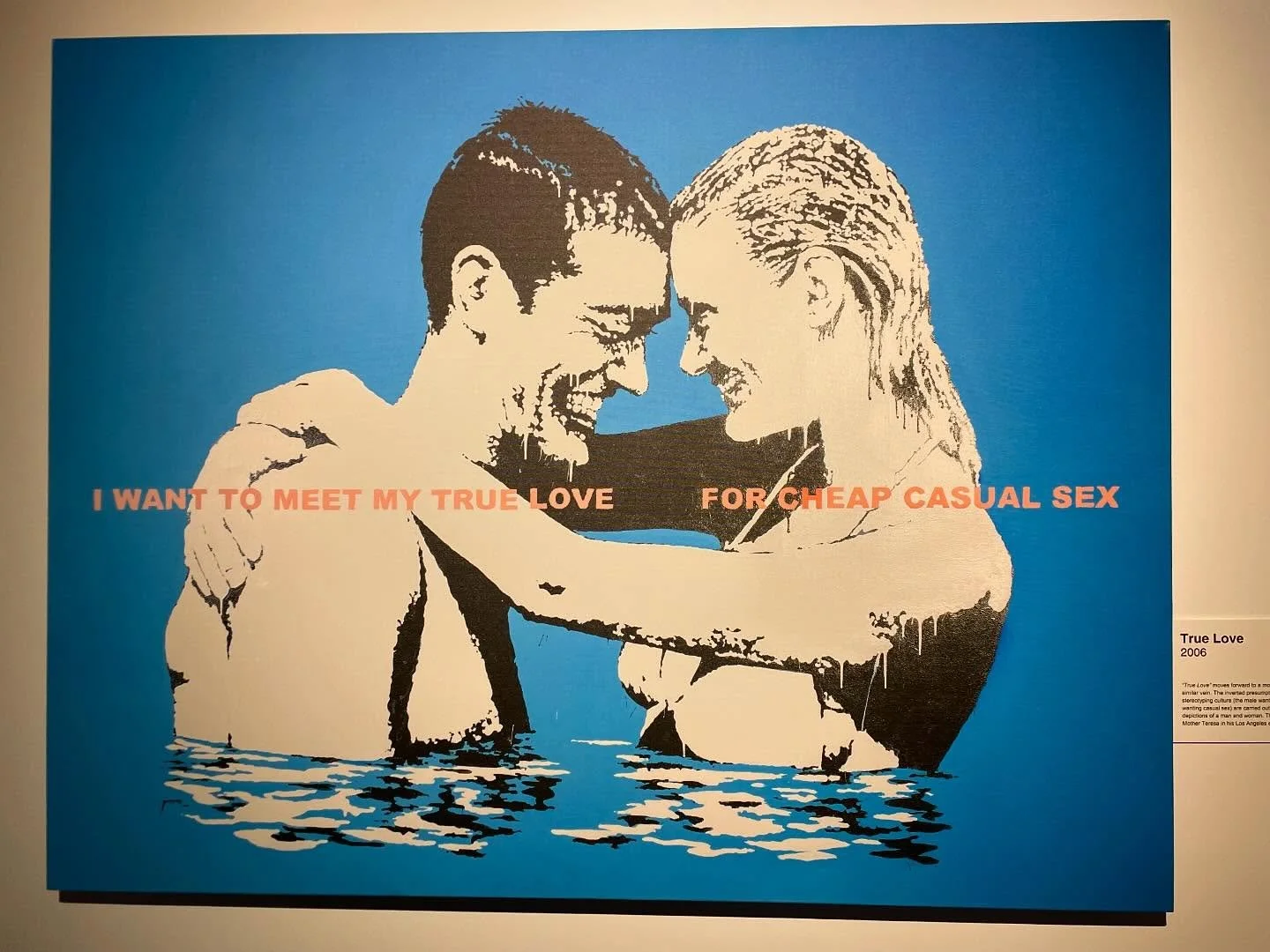 True Love
2006
&ldquo;True Love&rdquo; moves forward to a more sardonic critique in the similar vein. The inverted presumptions of a sex-role stereotyping culture (the male wanting true love - the female wanting casual sex are carried out by two over