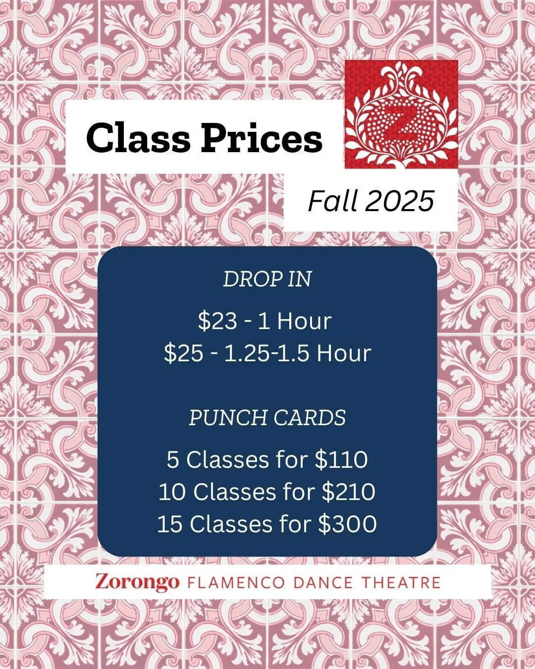 We have new drop-in and class punch card prices. 

Drop-In Rates
$23 - 1 Hour
$25 - 1.25 - 1.5 Hour

Punch Cards 
5 Classes for $110- (Each class is $22)
10 Classes for $210- (Each class is $21)
15 Classes for $300 - (Each class is $20)

 #flamencost