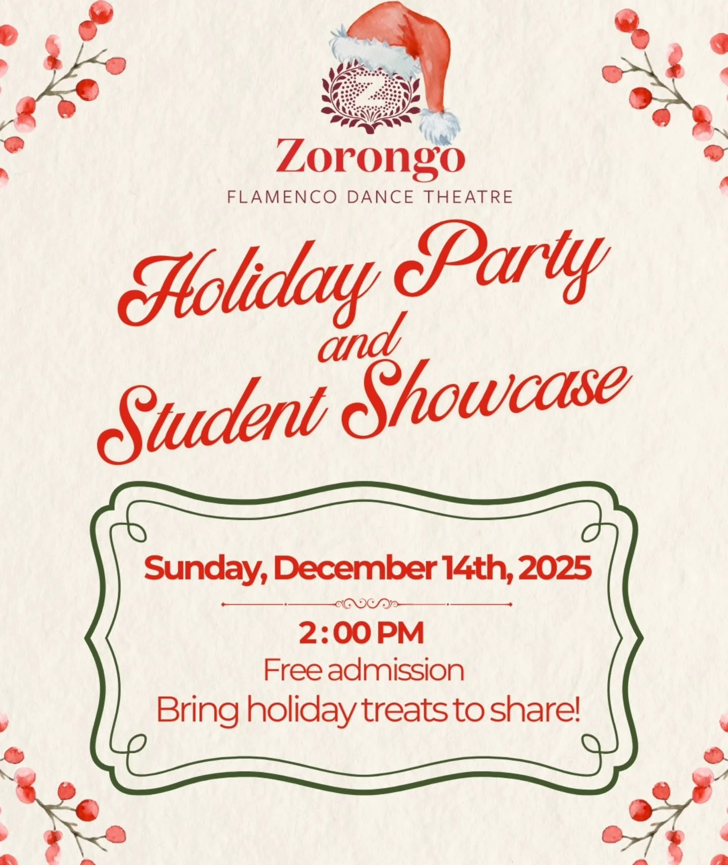 Our favorite moments are the ones we share. 🎄❤️ Join us this Sunday, December 14th, for our Holiday Party &amp; Student Showcase! ✨ Free admission. Bring a treat to share and celebrate with our community!🎉

📍 Zorongo Flamenco Studio. 3715 Minnehah