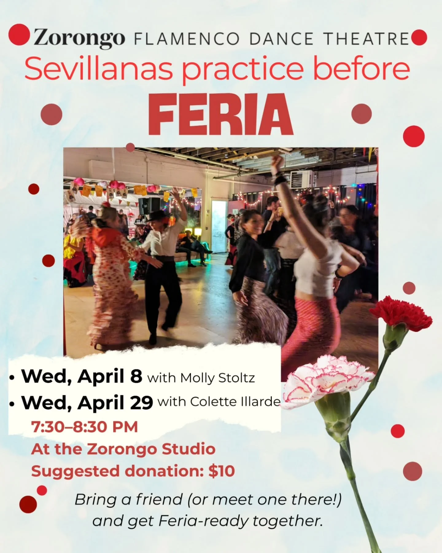 Join us for a fun and friendly Sevillanas practice session as we get ready for Feria! 💃🏻

📅 Wednesday, April 8 and April 29
🕢 7:30&ndash;8:30 PM
💲 Suggested Donation: $10

Come practice your Sevillanas with friends in a relaxed, welcoming enviro