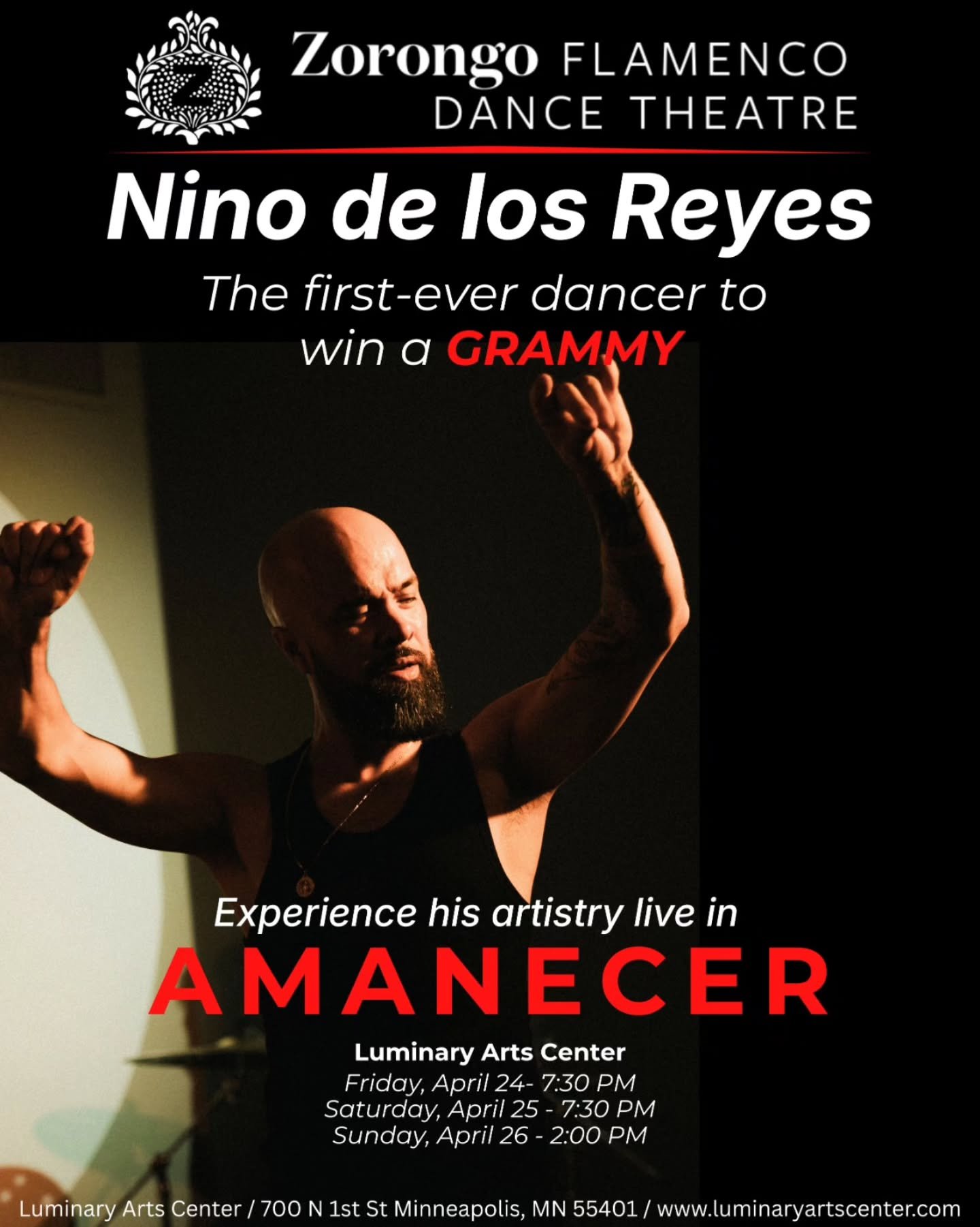 Nino de los Reyes takes the stage in Amanecer!
Experience the power and precision of his artistry live.
Reserve your seats now! https://my.luminaryartscenter.com/3177