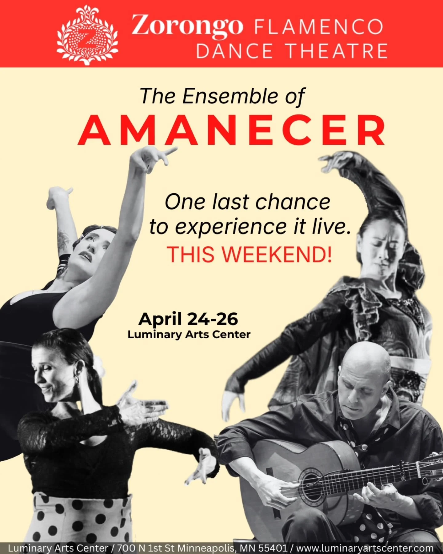 The ensemble of Amanecer&mdash;Amanda Dlouhy, Laura Horn, Molly Kay Stoltz, and Ross Fellrath&mdash;brings together a powerful work that unfolds in real time on stage.

This weekend only!

April 24&ndash;26
Luminary Arts Center

🎟️ Tickets in bio
