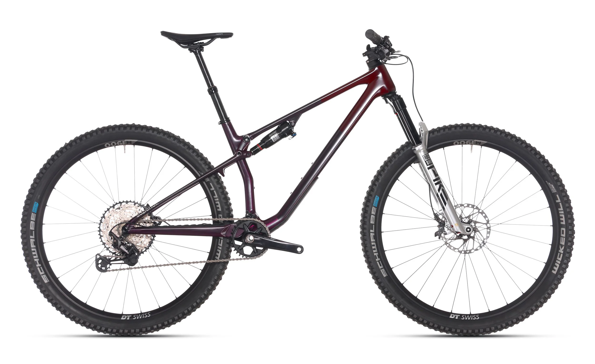 full send mtb with suspension, dark red
