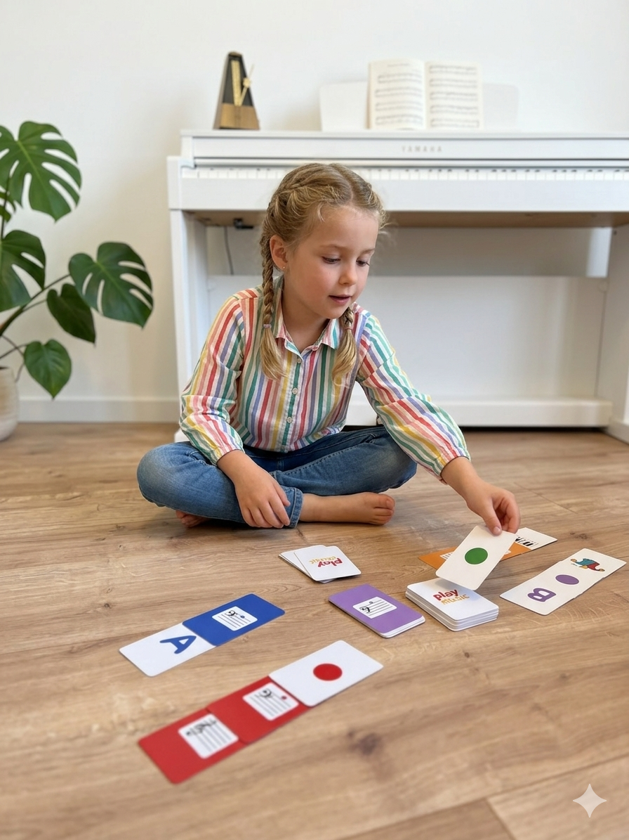 six year old child learning piano through a play based music method playing music theory card game on the floor