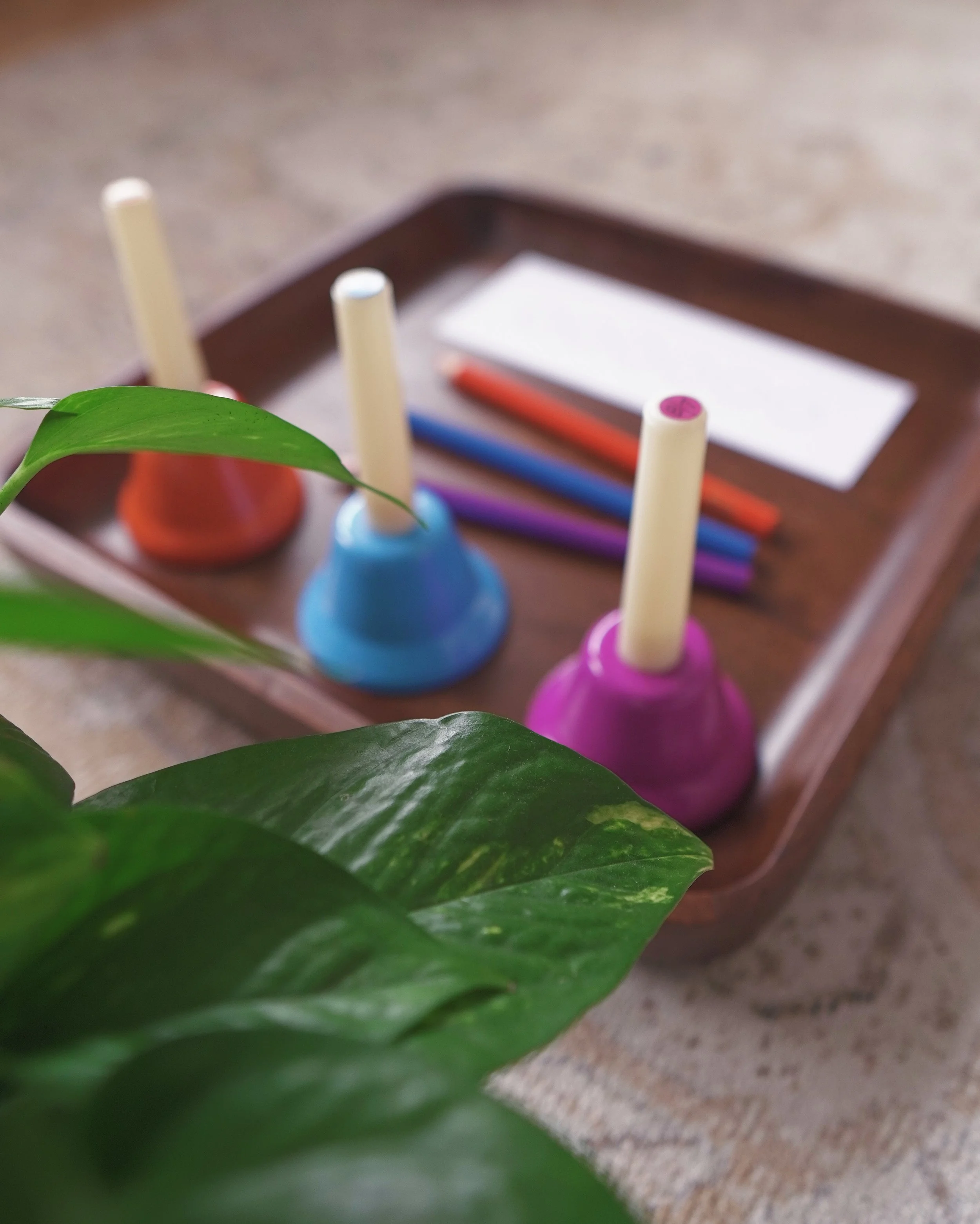 Colorful candles, pens, a small plant, and a piece of paper on a wooden tray.