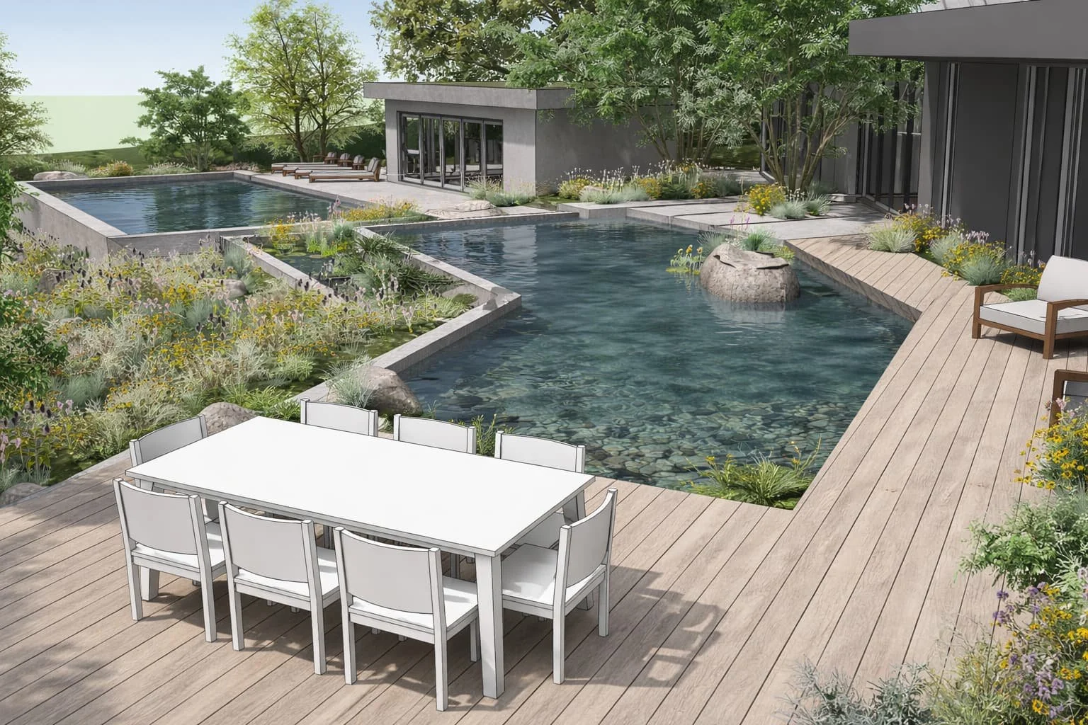 view of natural swimming pond and swimming pool