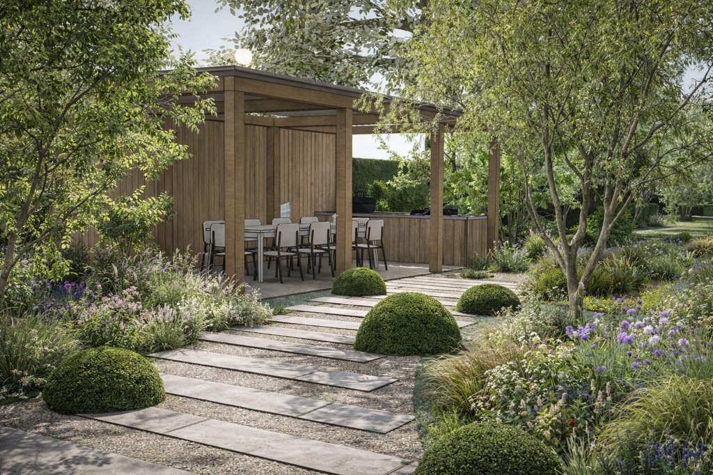Visual of an outdoor kitchen under a pergola immersed in planting. This is for a project in Oxford with a large town garden. Irregular stepping stone slabs and planting into the gravel gives movement to the path.