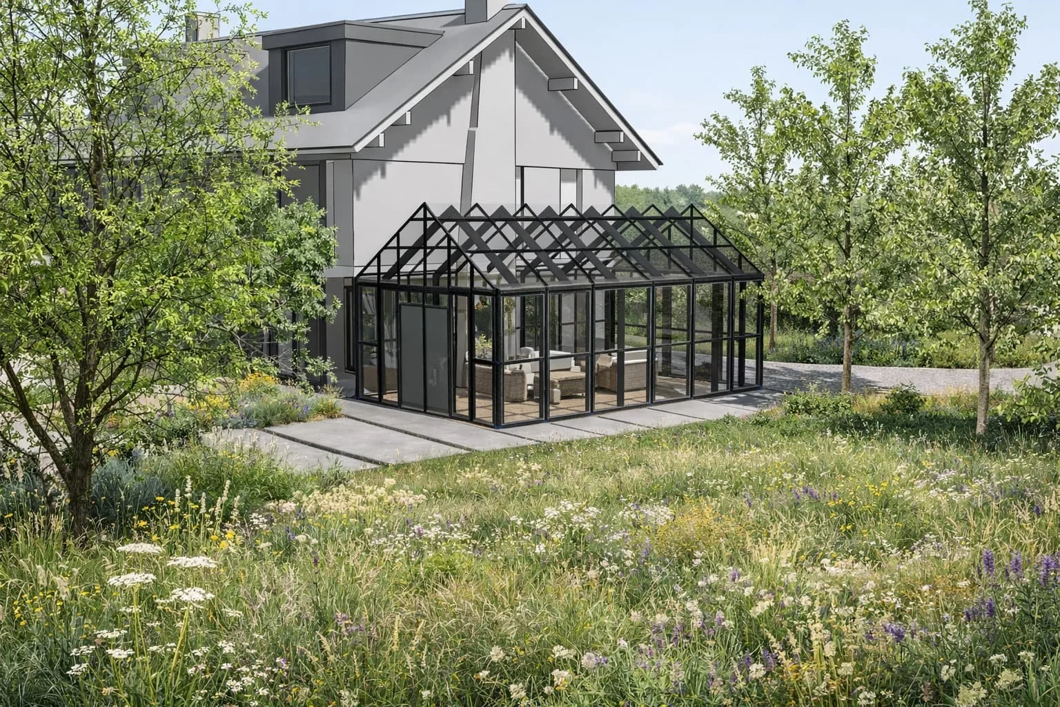 Orangery set within a natural meadow and woodland glade