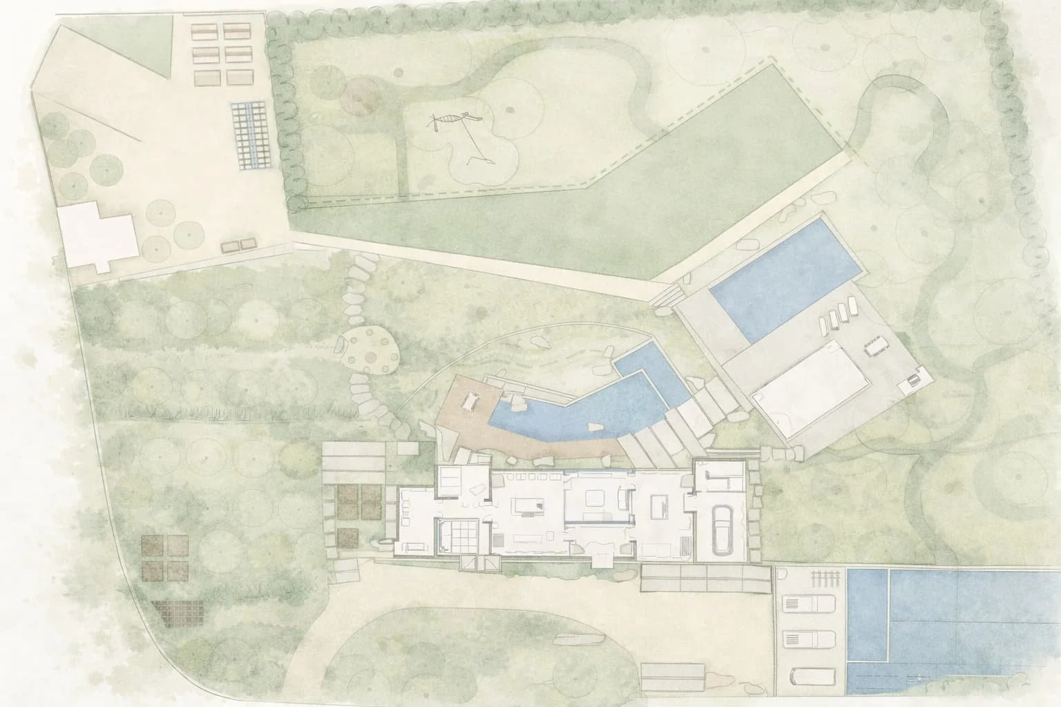 Plan view of country garden set within wild landscape