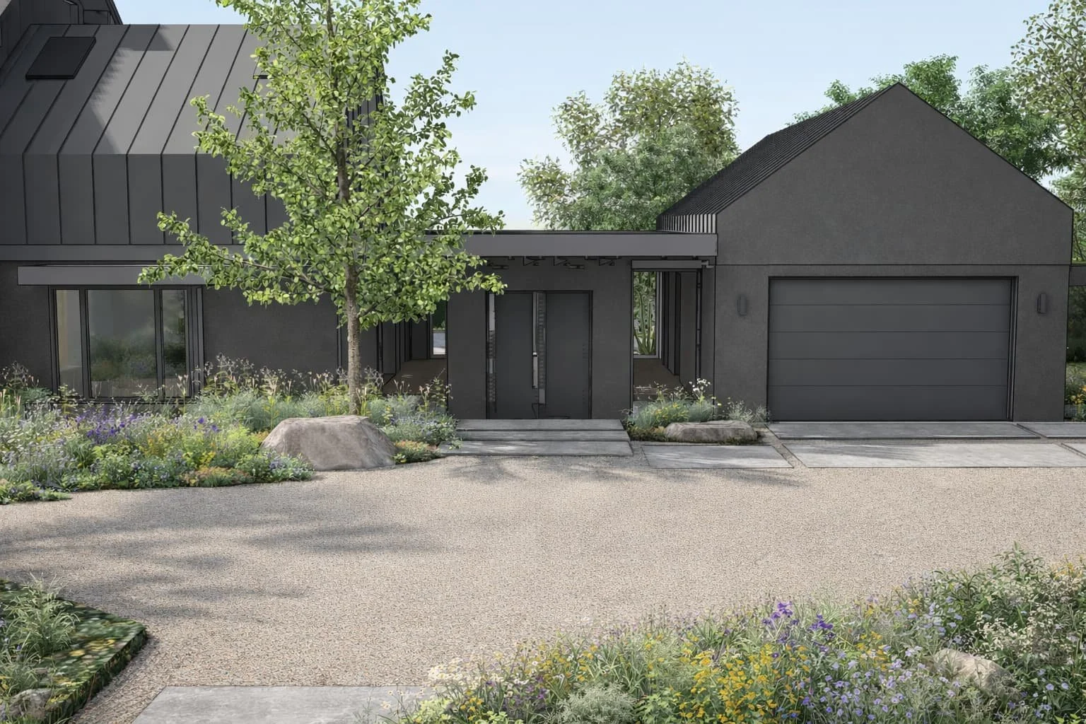 meadows and soft planting at the front entrance of the house with ample space for parking.