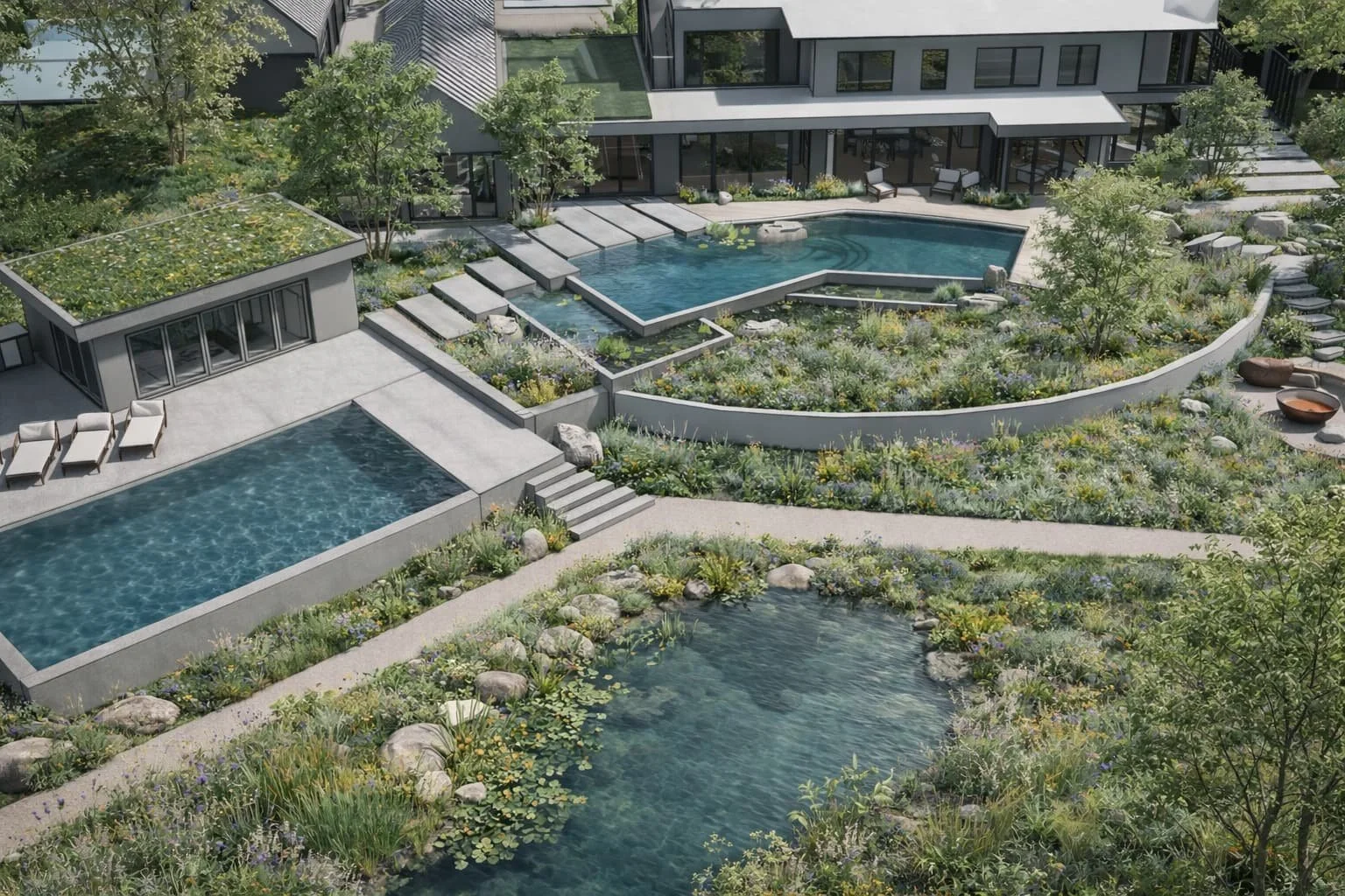 Aerial view of garden showing the three separate water feature including the swimming pond, swimming pool and wetland. 