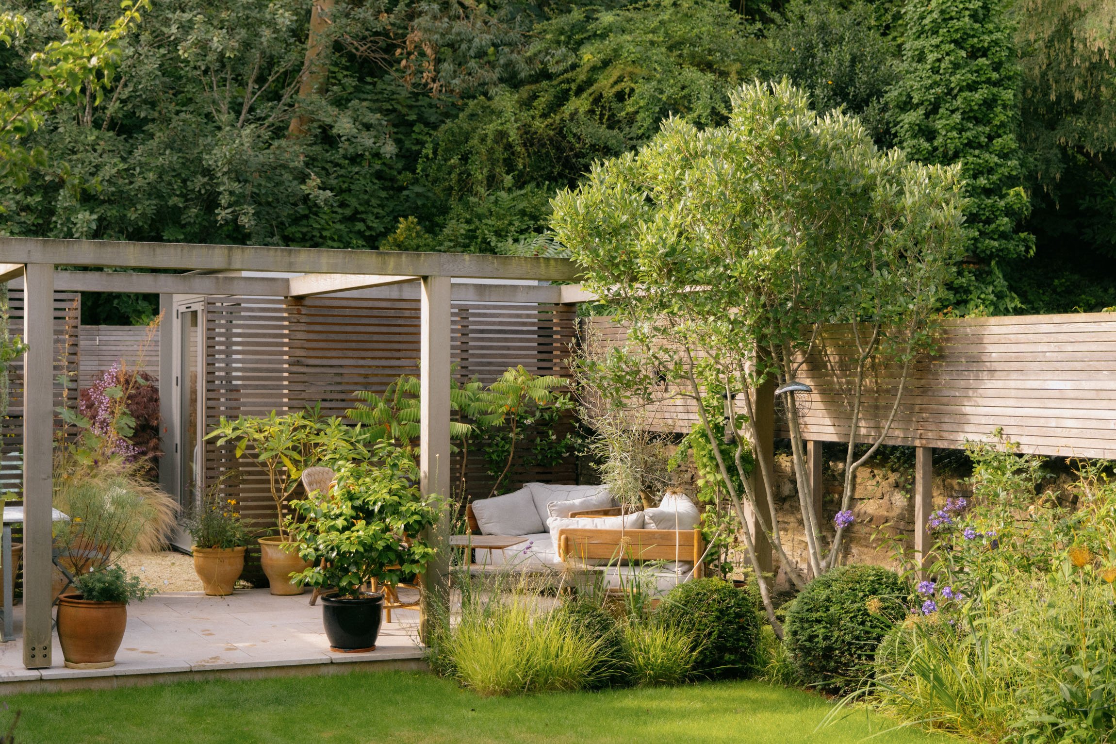 A garden seating area framed by horizontal slat fencing with a pergola overhead and bushes and trees in the foreground and background.