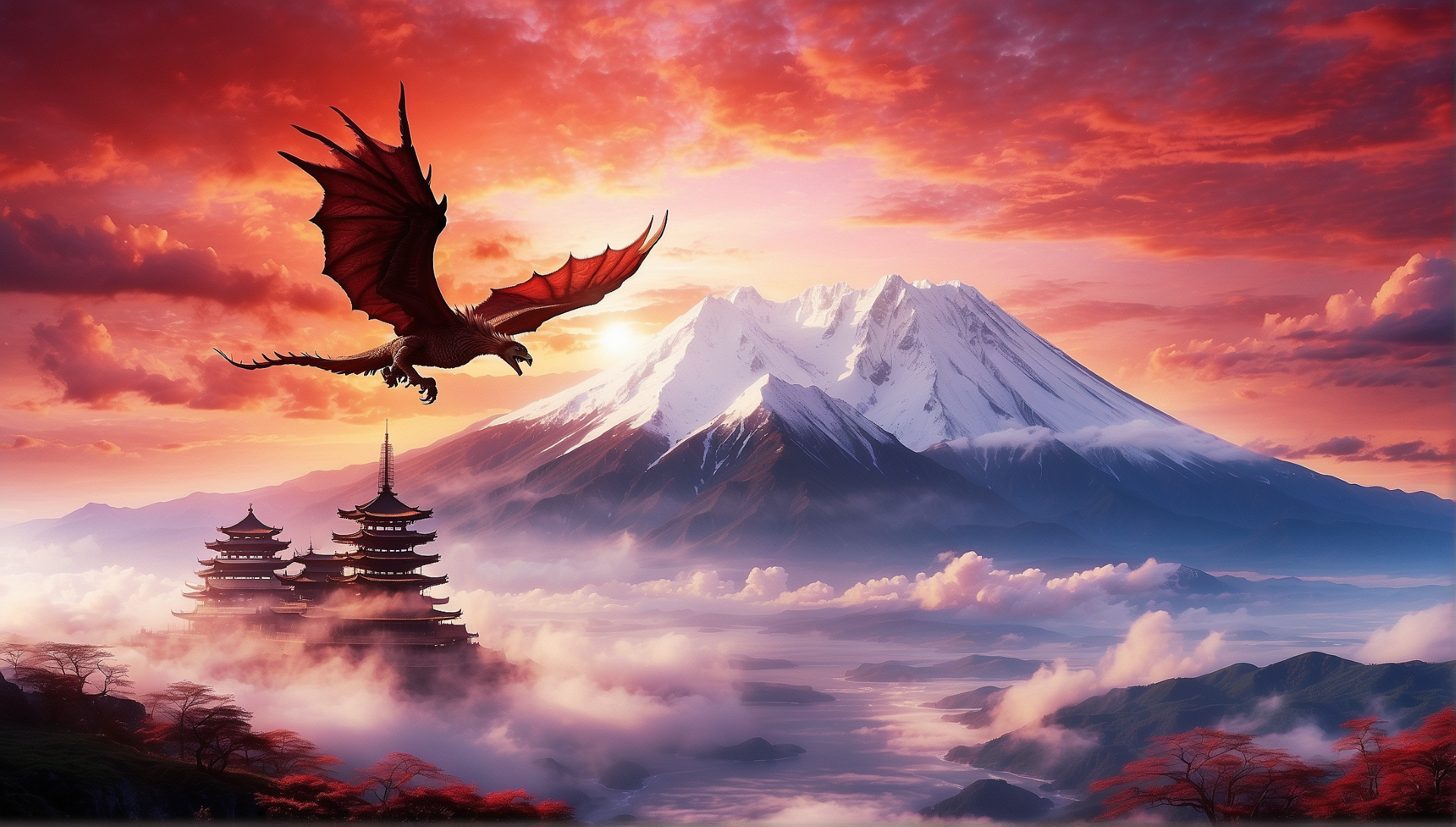 High Fantasy and Mythology: Interwoven Realms of Magic and Lore 8 Dragon's Dawn over Fuji