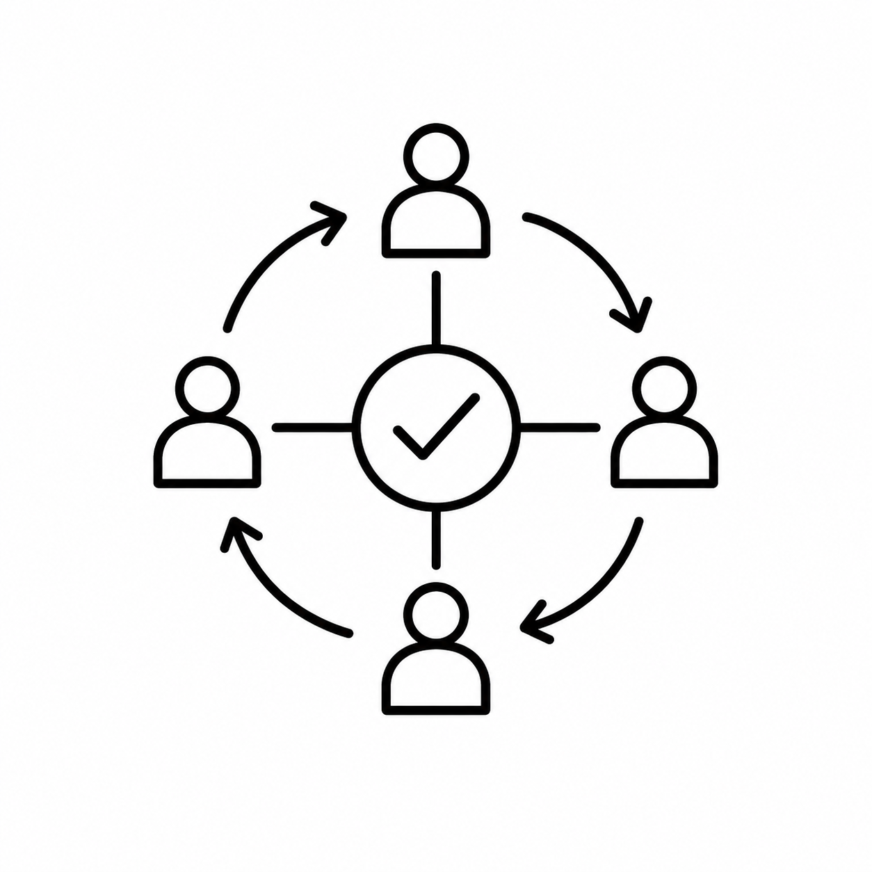 Diagram of a circular process with five people icons connected by arrows, centered around a circle with a check mark.
