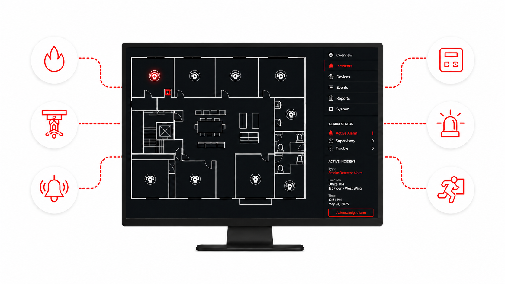 Security monitoring system with alarm alerts, surveillance cameras, fire detection, siren, emergency button, alarm status, and active incident details over a building floor plan.
