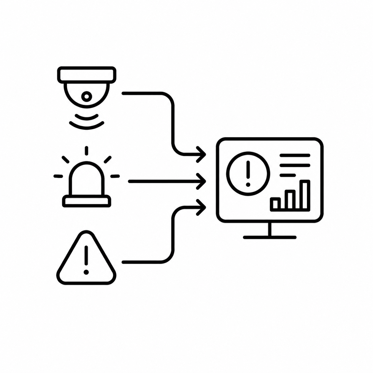 Line drawing of security cameras, warning lights, hazard signs, and a computer monitor displaying warning symbols and alert charts, representing security or surveillance system alerts and monitoring.