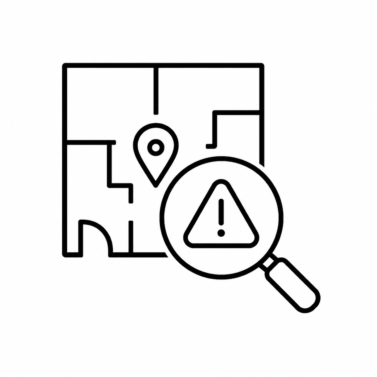 Floor plan with a warning icon and a magnifying glass highlighting an exclamation mark.
