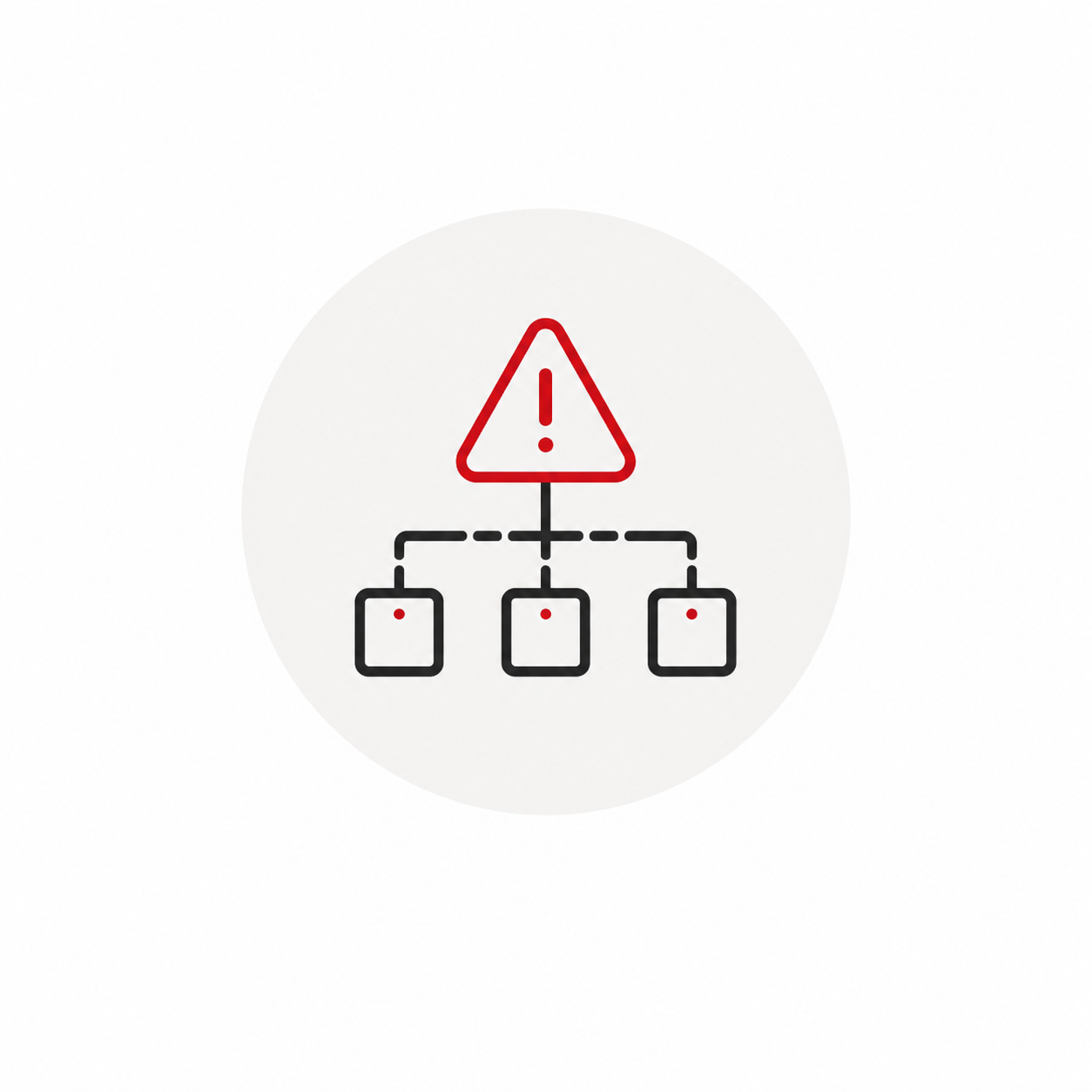 Flowchart with a red triangle warning sign containing an exclamation mark at the top and three connected squares below, indicating an alert or warning in a process chart.
