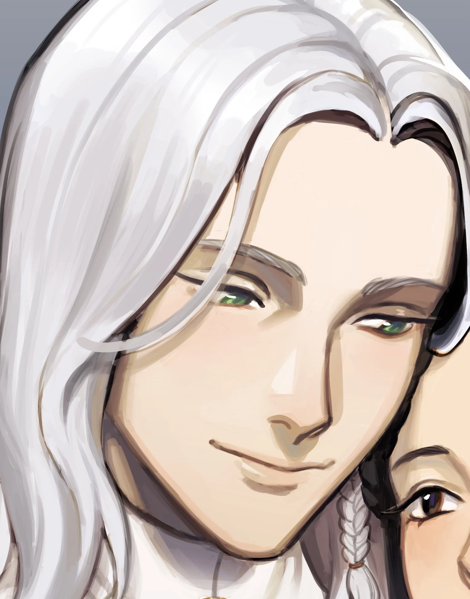 A digital illustration of a man with long, wavy white hair, green eyes, and light skin, smiling gently.