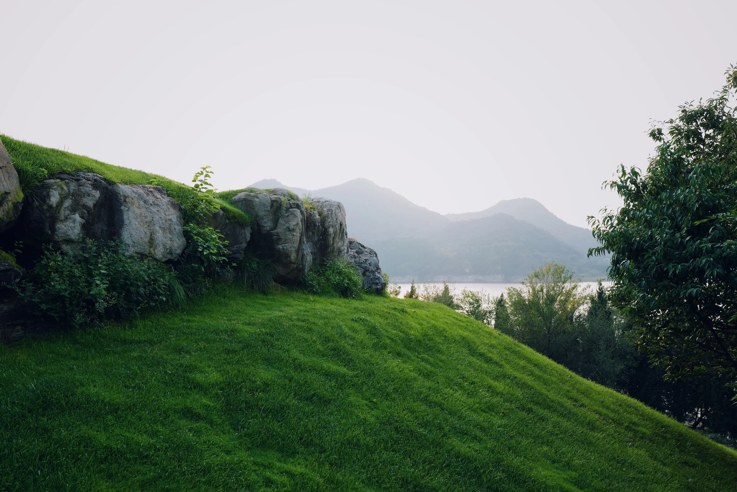 Lush green grassy hill with rocks and trees, overlooking a body of water and distant mountains in the background.