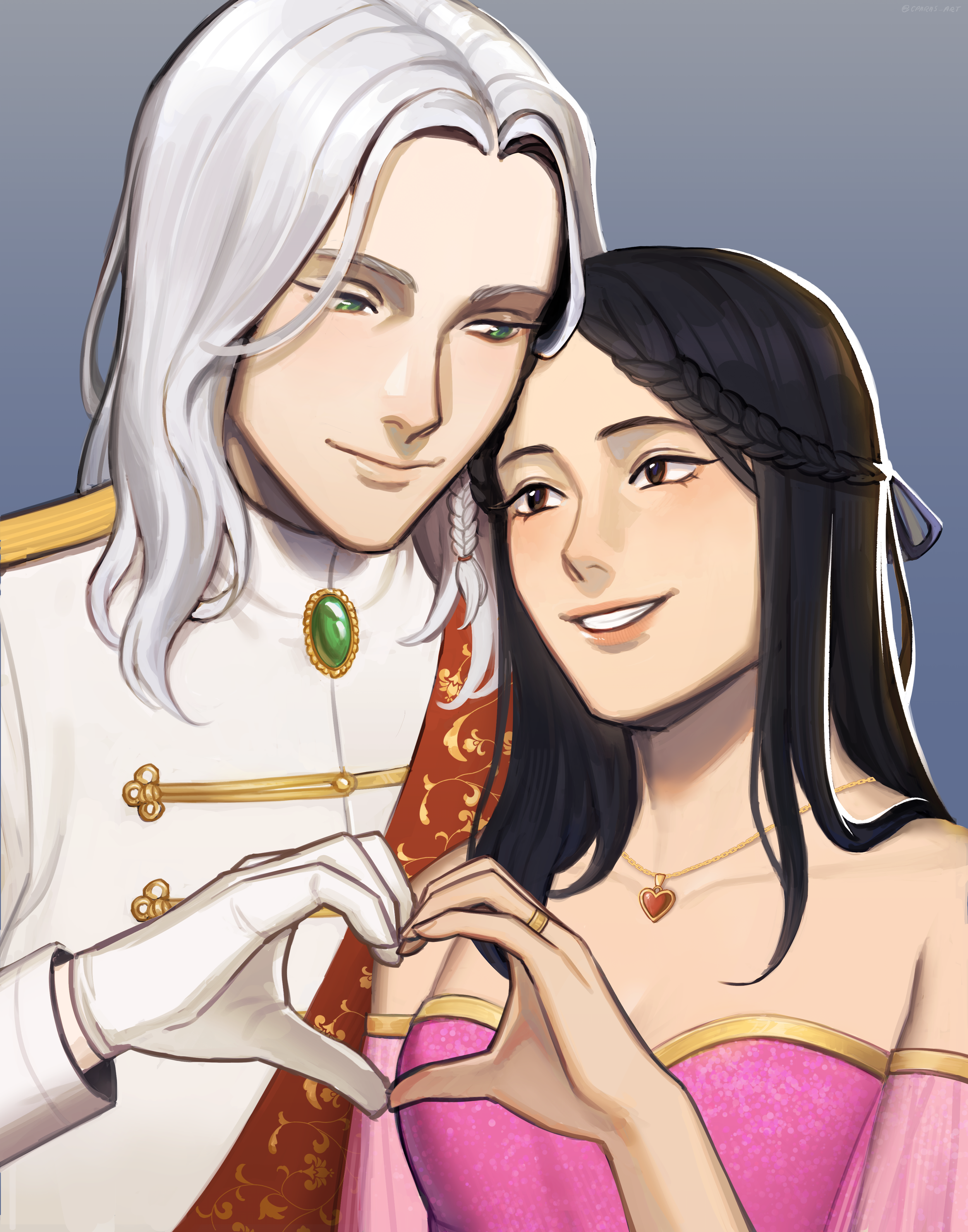 A fantasy illustration of a white-haired man and a black-haired woman making a heart shape with their hands.