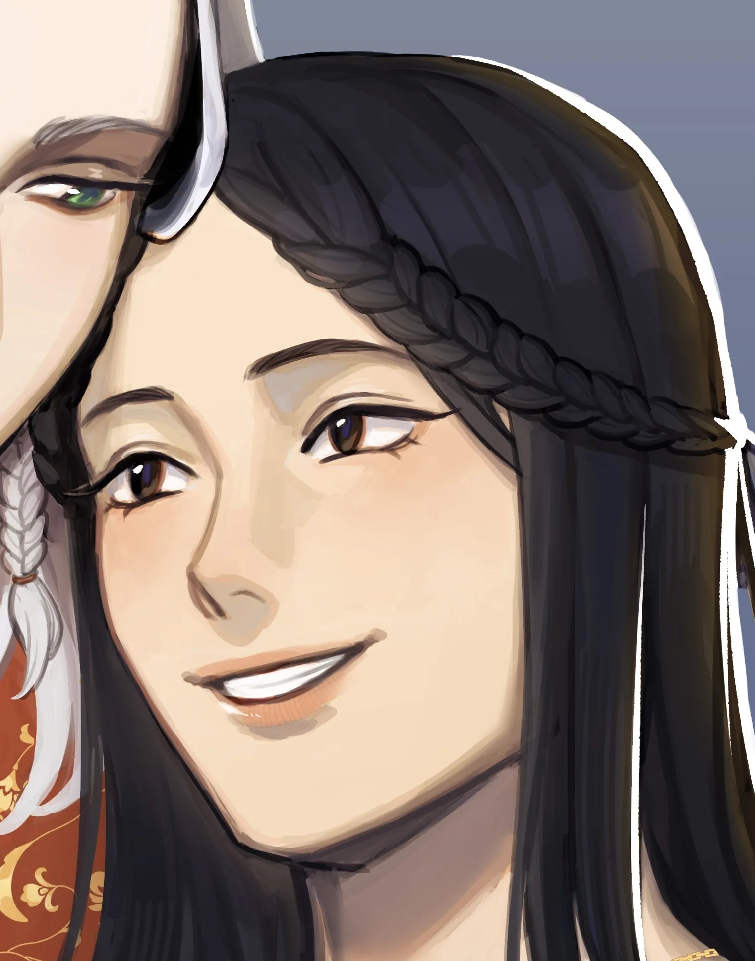 Close-up of a woman with long black hair, a braid, and a bright smile.