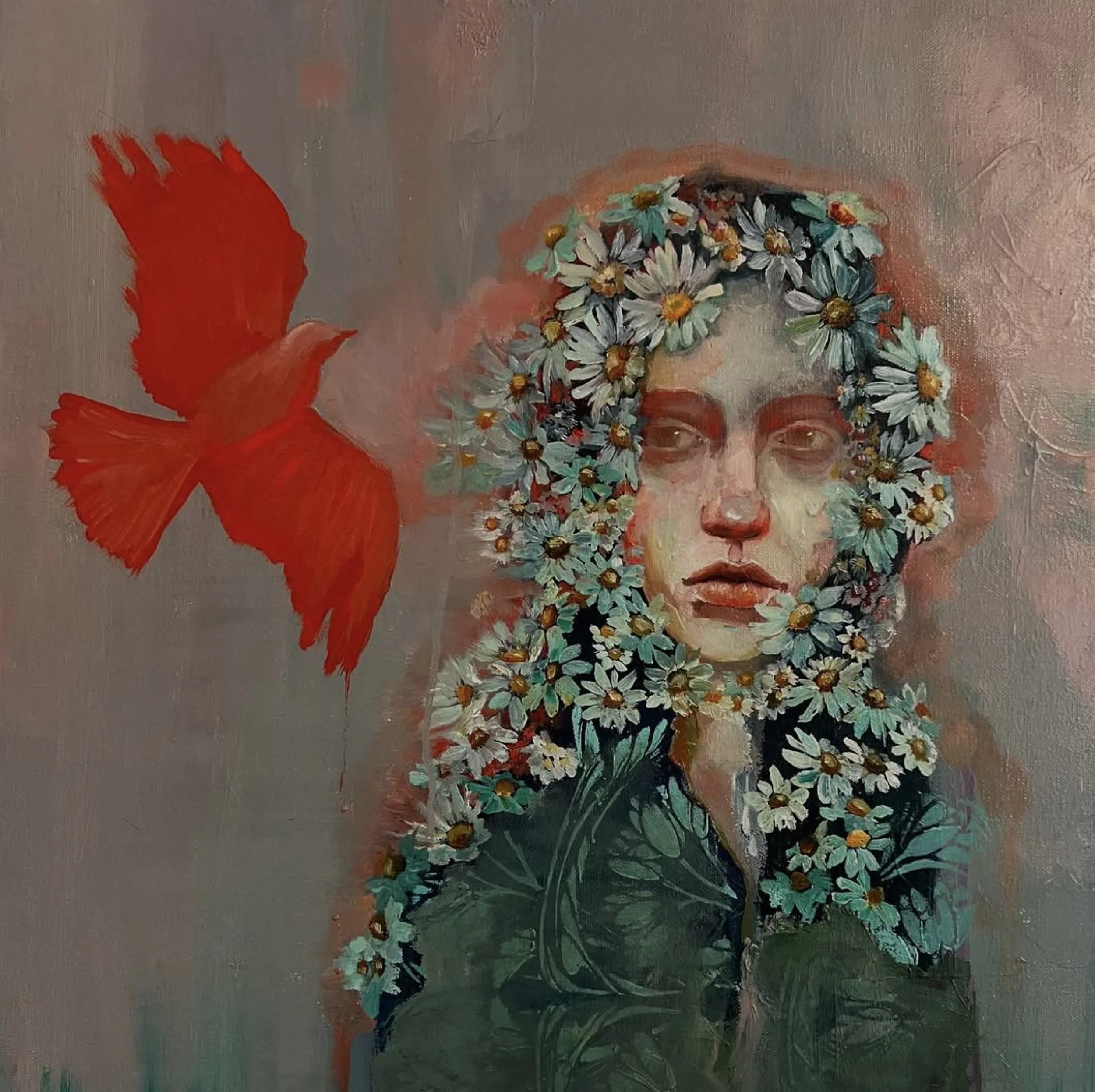 A painting of a woman's face surrounded by daisies and leaves, with a red bird flying towards her.