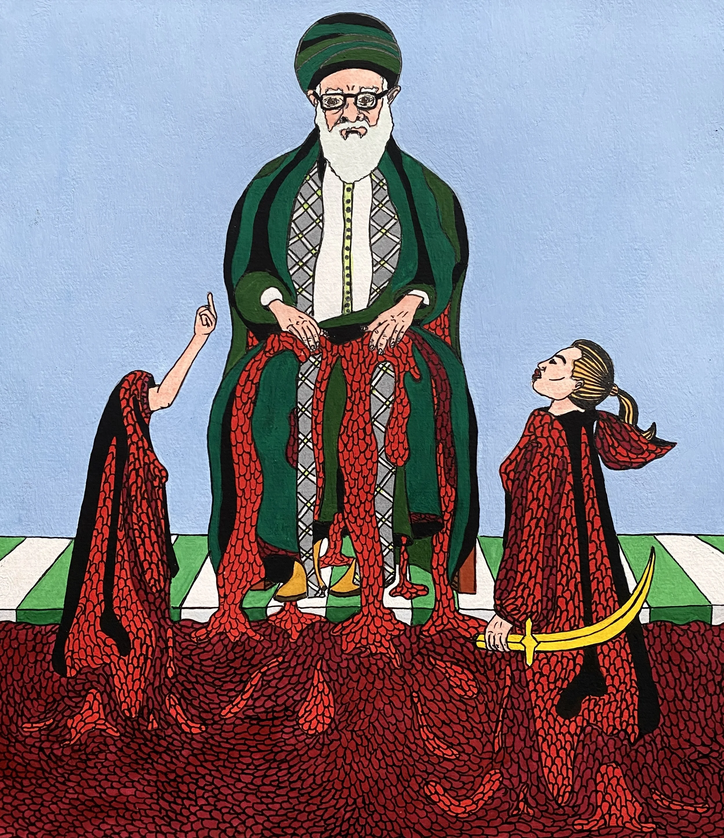A painting depicting a man with a white beard and glasses dressed in medieval robes, seated on a throne with red scales. Two young girls, also dressed in red scales, kneel before him; one holding a sword and the other raising an arm.