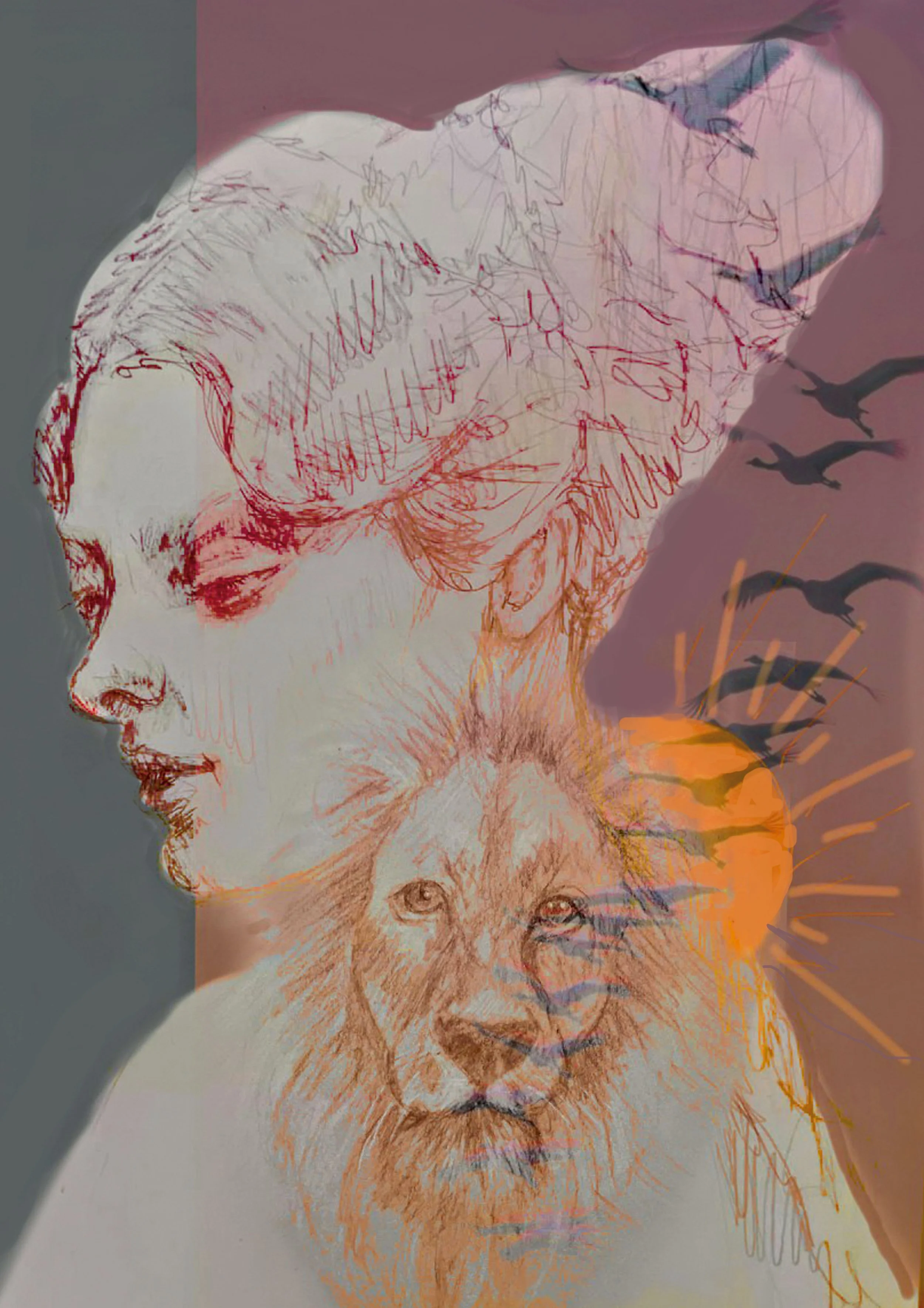 Digital artwork featuring a woman's profile with a lion's face beneath it, abstract birds flying, a sunset, and a colorful background.