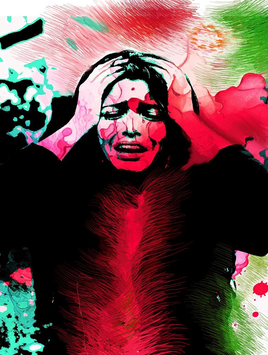An abstract illustration of a woman with hands on her head, in front of colorful, textured background with red, pink, green, and black streaks and splashes.