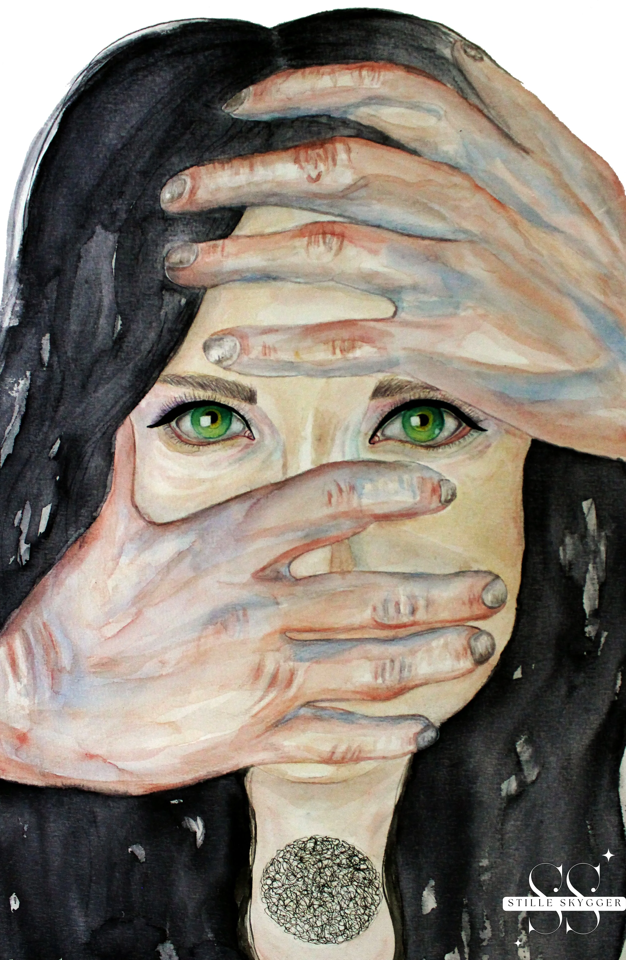 Watercolor painting of a woman with green eyes and black hair, covering part of her face with her hand, with the artist's signature 'Stille Skygger' at the bottom right.