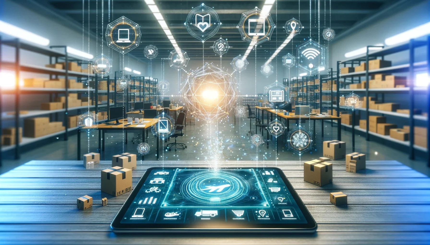 DALL·E 2024-04-04 15.12.26 - Create an image depicting a modern workspace or warehouse with digital elements showcasing the automation of inventory management and ordering process.jpg
