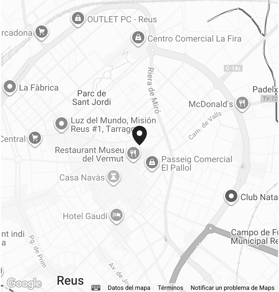 Mapa de la ciudad de Reus, con varios puntos de interés y comercios señalados en gris y blanco.