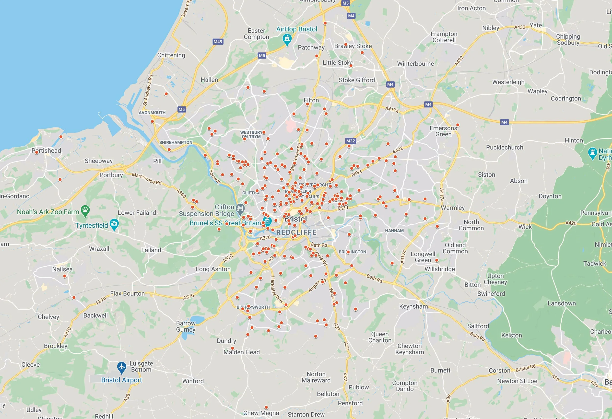 A map of Bristol with hundreds of small red dots over it.