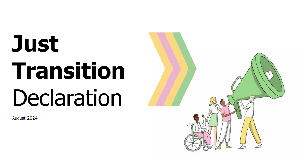 Cover of the Just Transition Declaration document. There is a cartoon of people holding a massive megaphone.
