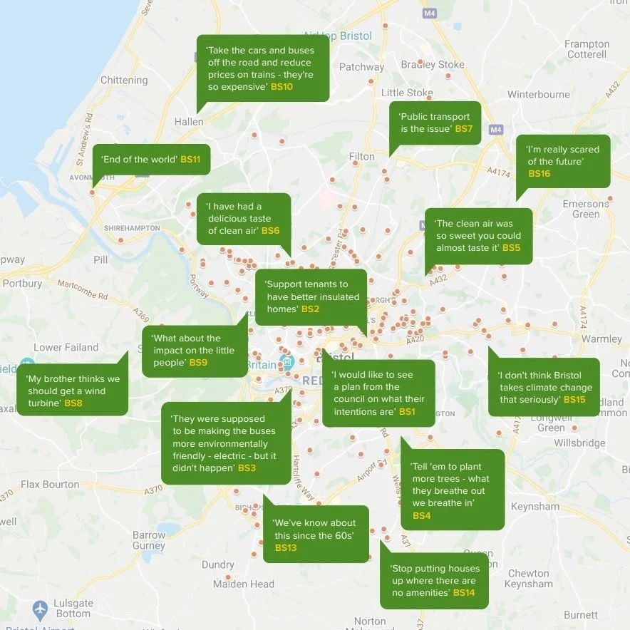 A map of the Bristol area with small green quotation boxes dotted over it.