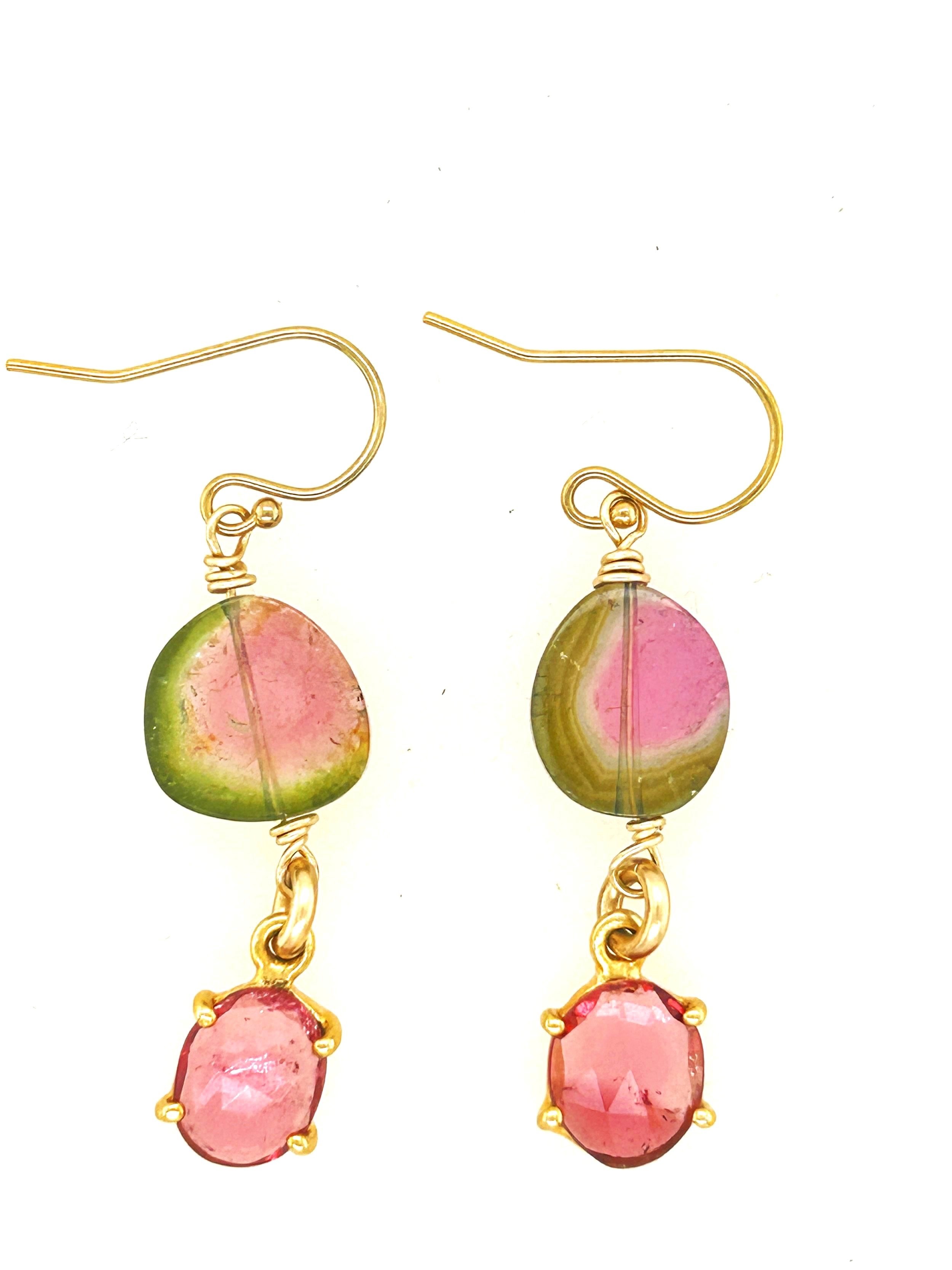 "Aligned in Light" One of a kind Watermelon Tourmaline Earrings with Pink Topaz