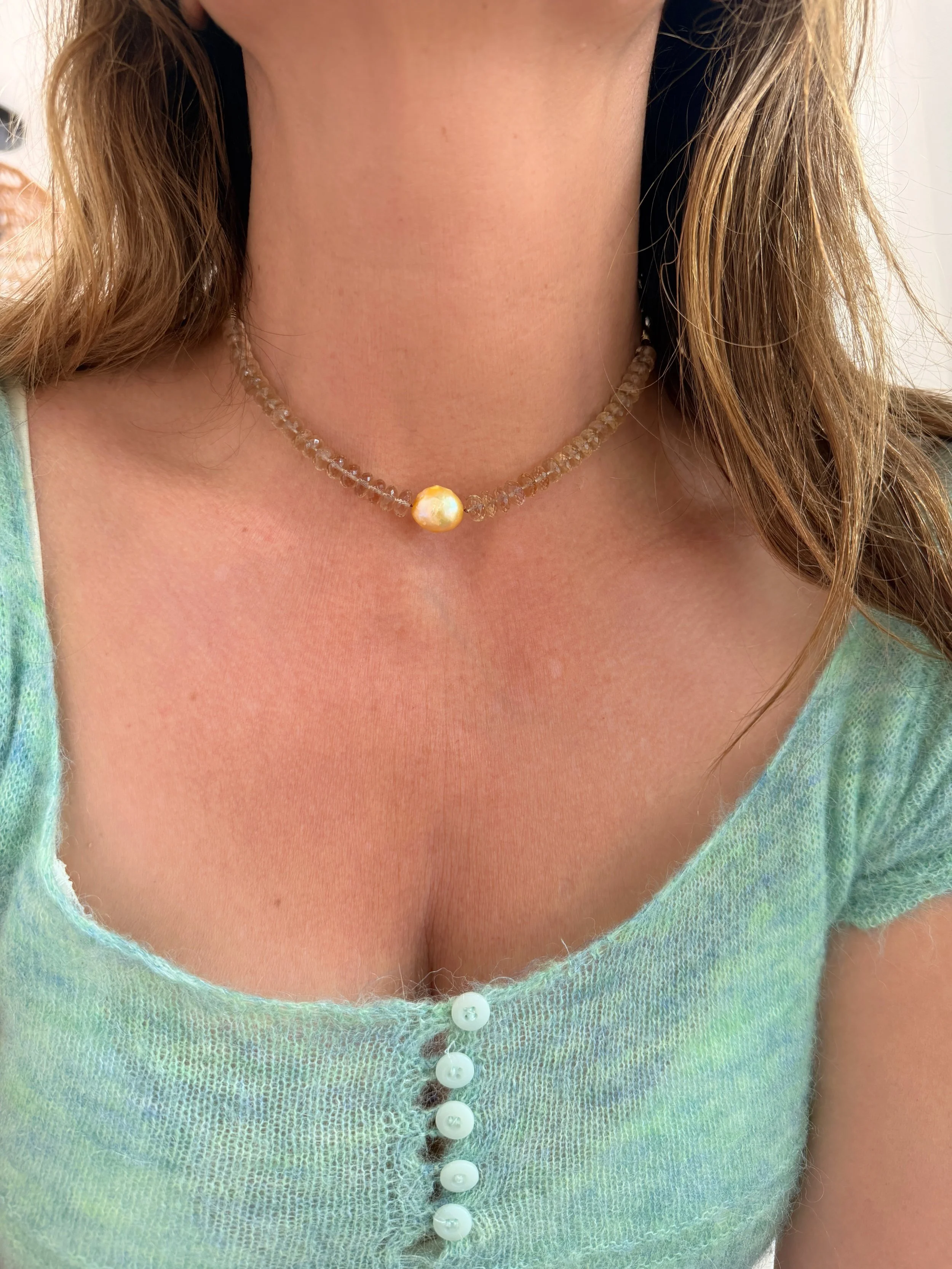 "Golden Light" Champagne Quartz and Pearl Necklace- Now comes in Rhodochrosite- almost sold out
