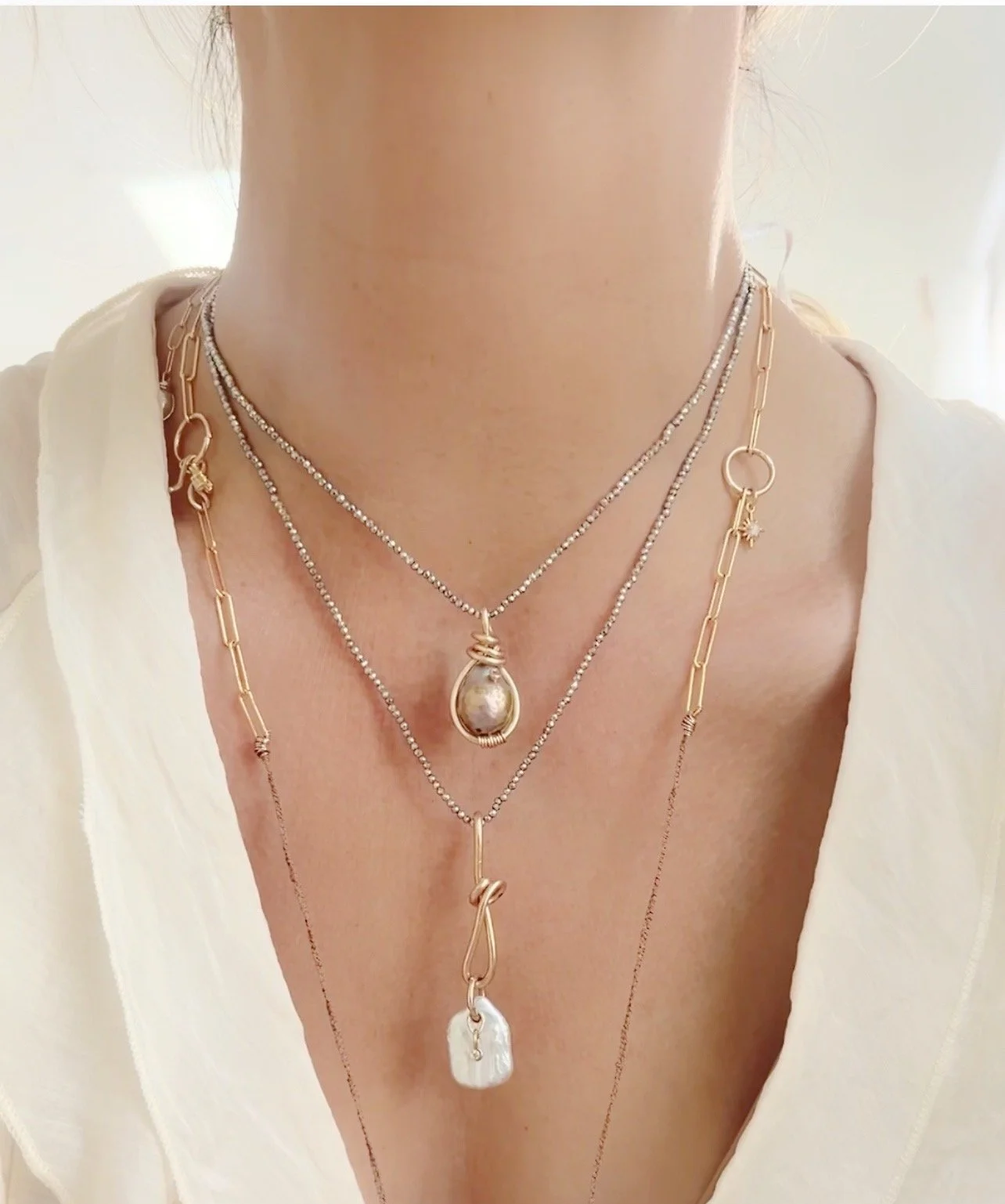 "Guardian" Hematite, Diamond and Pearl Silk Cord Necklace