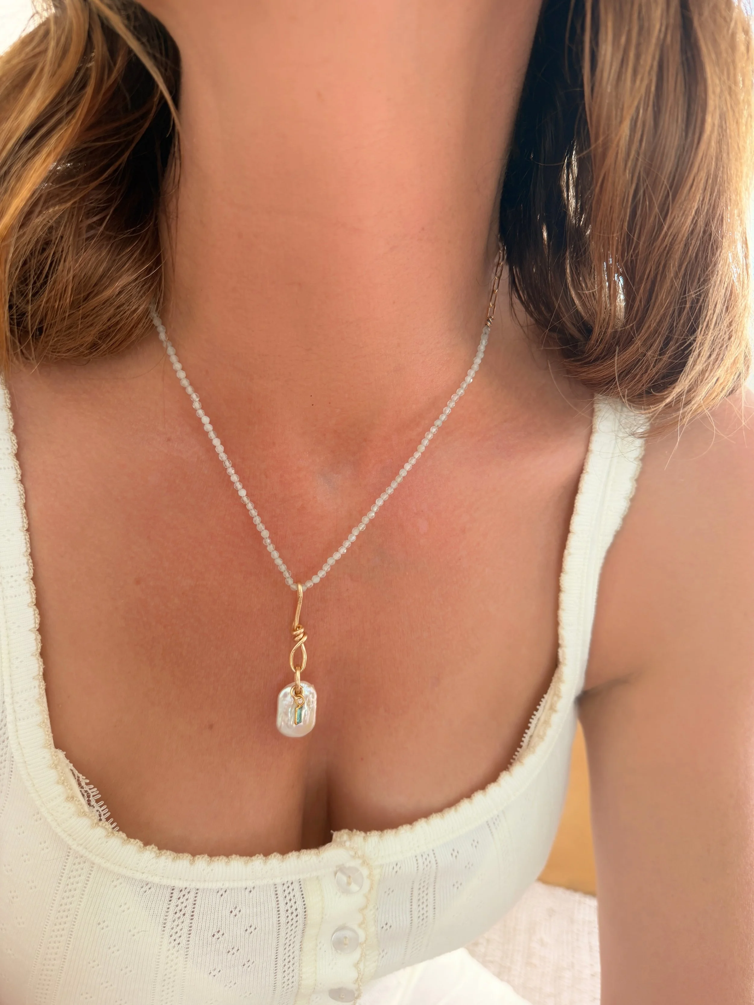 "Ocean" Aquamarine & Pearl, 14k Emerald charm Necklace