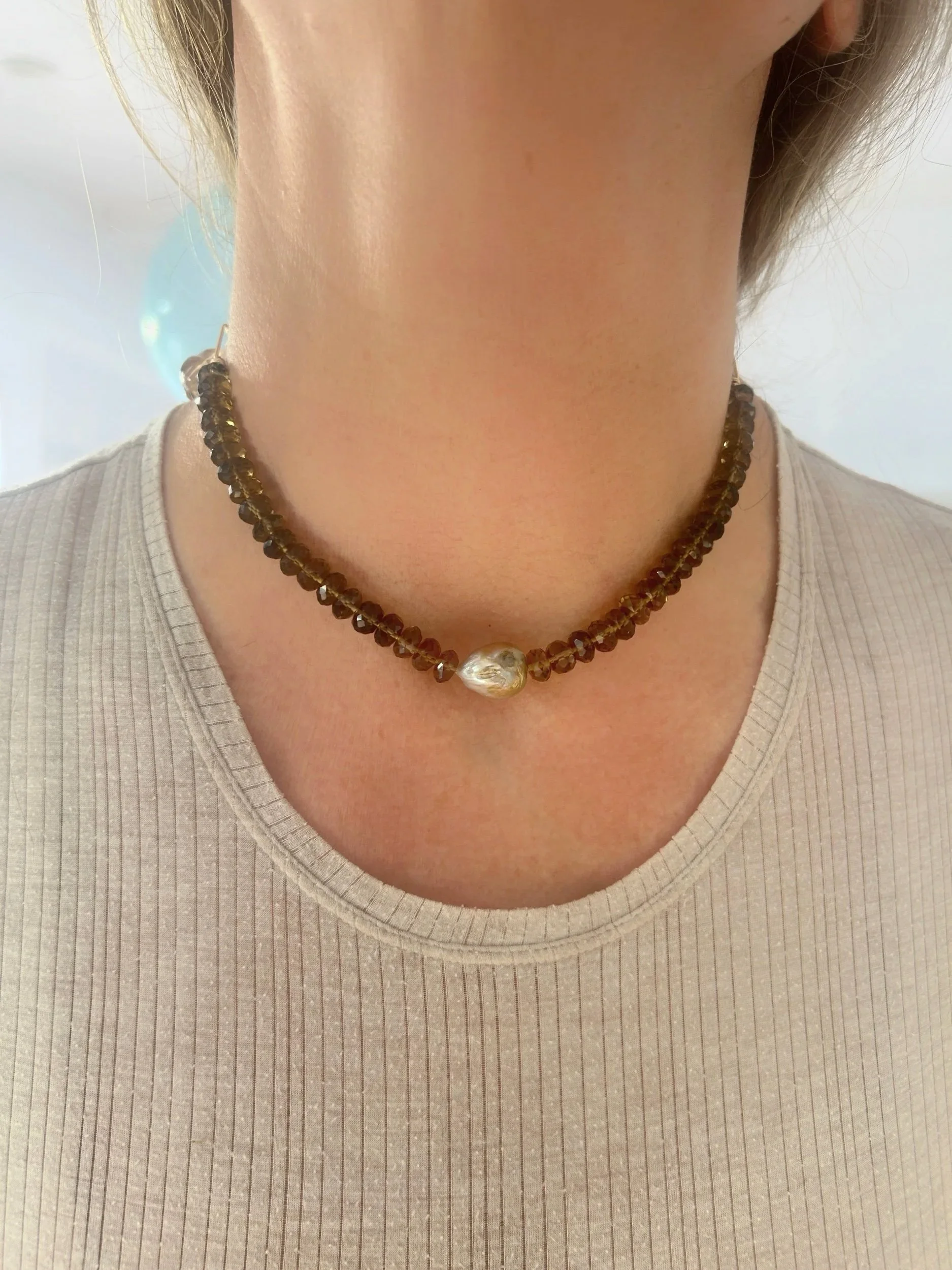 "Golden Light" Champagne Quartz and Pearl Necklace- Now comes in Rhodochrosite- almost sold out