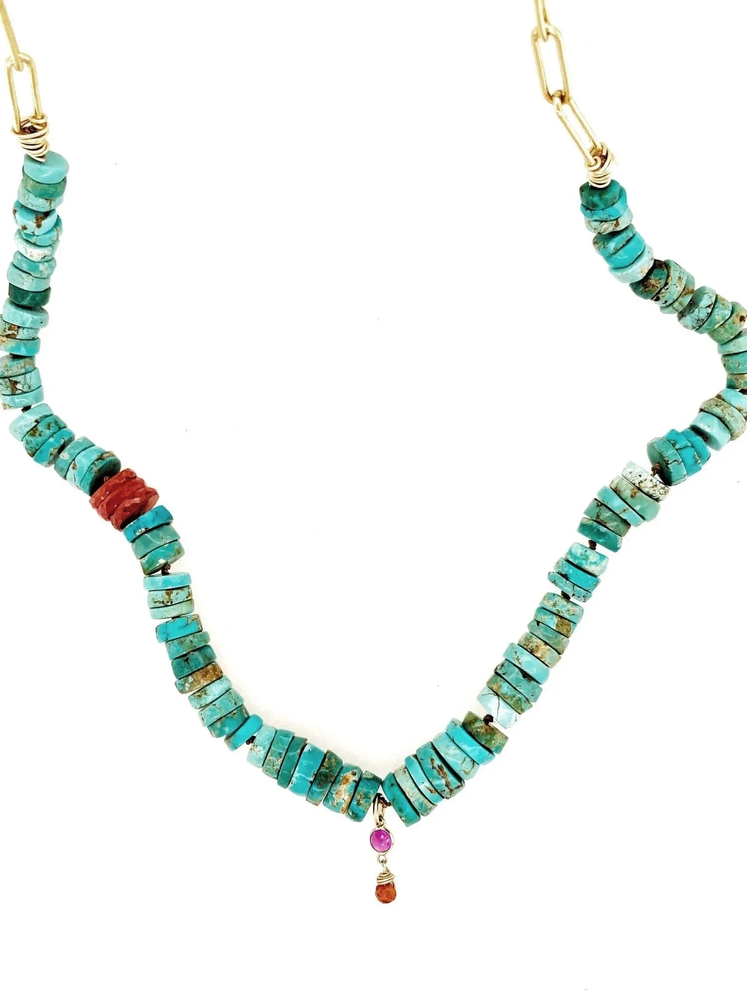 "Uplifted" Turquoise, Orange Sapphire, and  Pink Ruby necklace- back in stock!