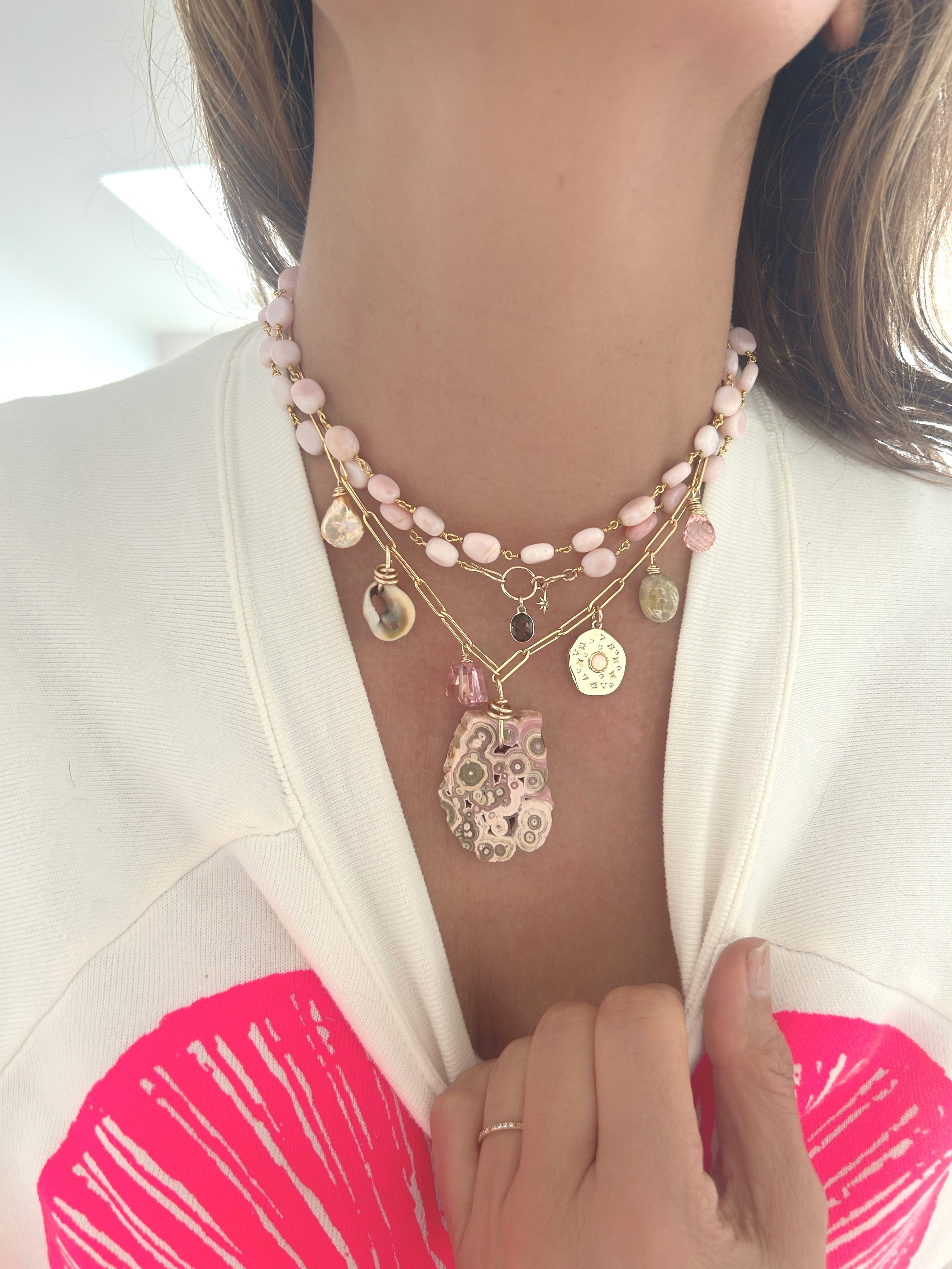 "Healing HeartStone" One of a kind Rhodochrosite, Raw Opal Necklace- Back in Stock!